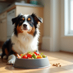 Australian Shepherd avec repas équilibré sur le sol