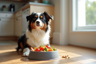 Australian Shepherd avec repas équilibré sur le sol