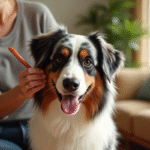 Chien australien heureux brossé dans un salon ensoleille