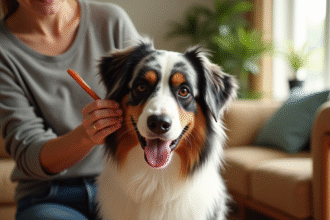 Chien australien heureux brossé dans un salon ensoleille