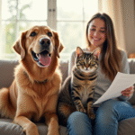 Golden retriever et chat gris sur un canapé lumineux