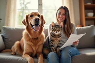 Golden retriever et chat gris sur un canapé lumineux