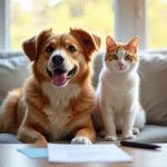 Chien heureux et chat curieux sur un canapé lumineux