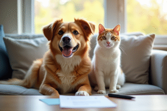 Chien heureux et chat curieux sur un canapé lumineux