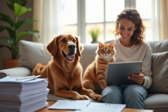 Chien et chat heureux sur un canapé lumineux