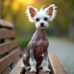 Chien chinois à crête sans poils assis sur un banc de parc, regard expressif et calme, illustrant les idées reçues sur les chiens moches