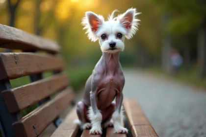 Chien chinois à crête sans poils assis sur un banc de parc, regard expressif et calme, illustrant les idées reçues sur les chiens moches