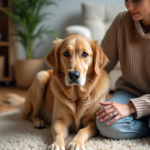 Golden retriever et femme dans un salon chaleureux