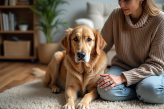 Golden retriever et femme dans un salon chaleureux