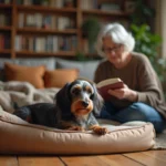 Chien dachshund longhair âgé sur un lit confortable avec une femme âgée lisant