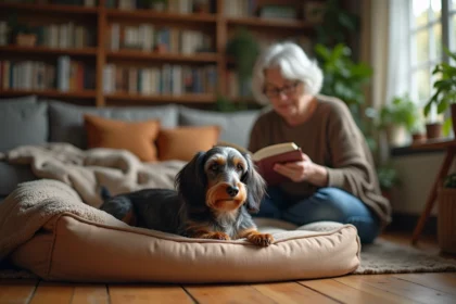 Chien dachshund longhair âgé sur un lit confortable avec une femme âgée lisant