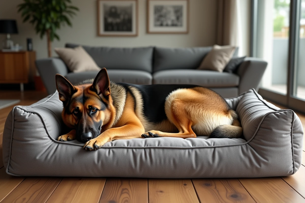 Grand chien berger allemand sur un grand lit robuste