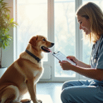 Chien heureux avec son propriétaire dans une clinique vétérinaire