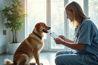 Chien heureux avec son propriétaire dans une clinique vétérinaire