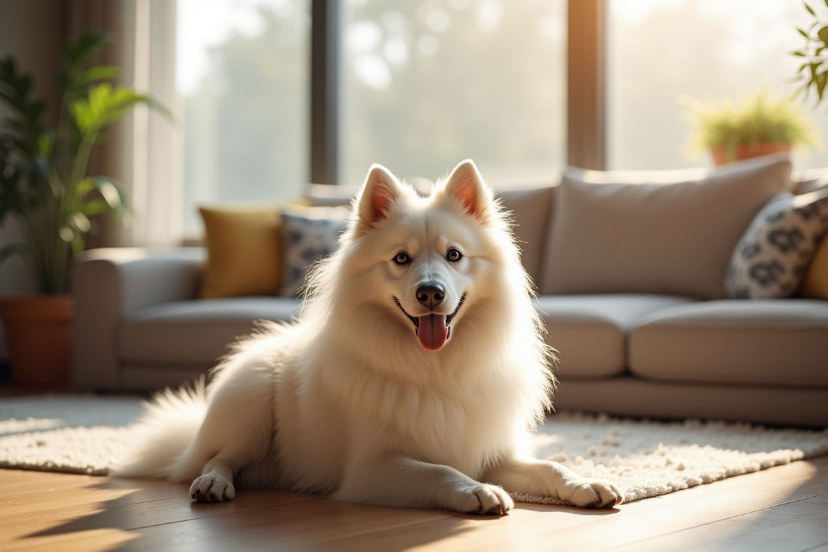 Keeshond assis dans un salon lumineux et moderne