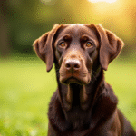 Labrador chocolat assis dans un parc ensoleille