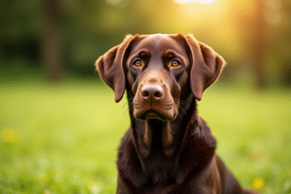 Labrador chocolat assis dans un parc ensoleille