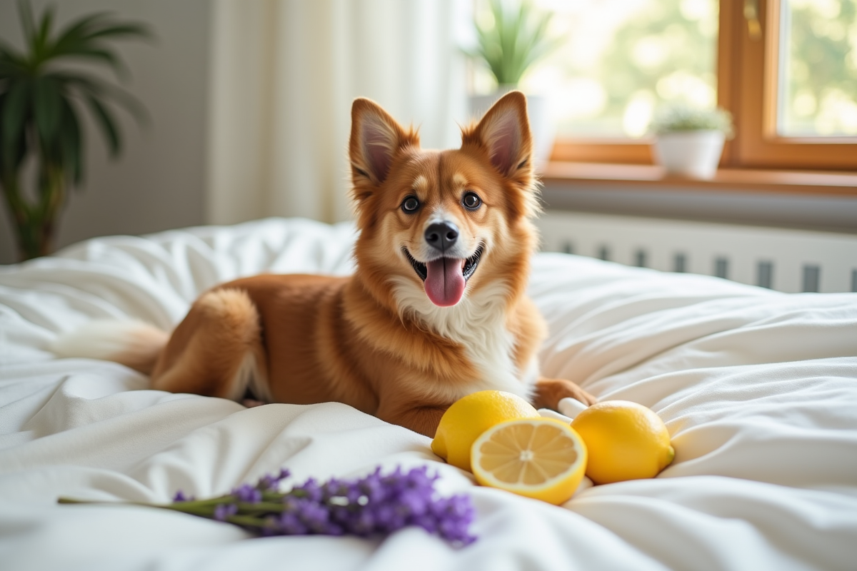 Chien heureux sur lit avec lavande et citrons en lumière matin