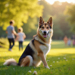 Chien mix German Shepherd et Husky dans un parc ensoleille
