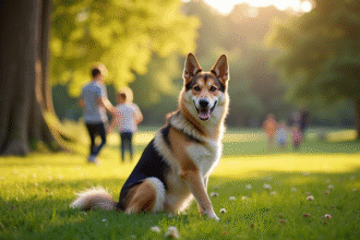 Chien mix German Shepherd et Husky dans un parc ensoleille