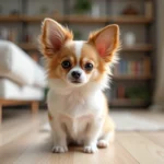 Chien Papillon Chihuahua croisé aux grandes oreilles frangées assis sur un parquet en bois dans un salon moderne