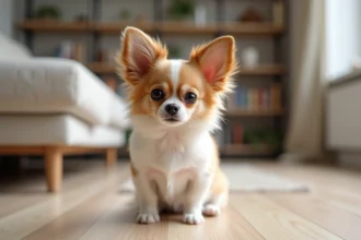 Chien Papillon Chihuahua croisé aux grandes oreilles frangées assis sur un parquet en bois dans un salon moderne