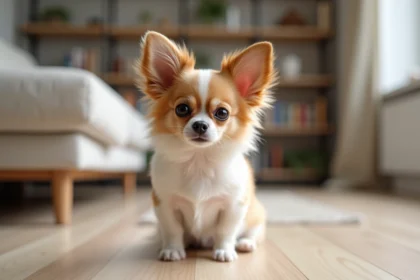 Chien Papillon Chihuahua croisé aux grandes oreilles frangées assis sur un parquet en bois dans un salon moderne