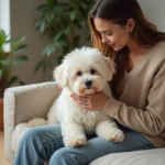 Femme dans son appartement câlinant un Bichon Frisé à poil blanc et bouclé sur un canapé en lin moderne