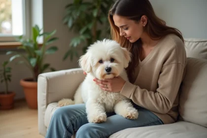 Femme dans son appartement câlinant un Bichon Frisé à poil blanc et bouclé sur un canapé en lin moderne