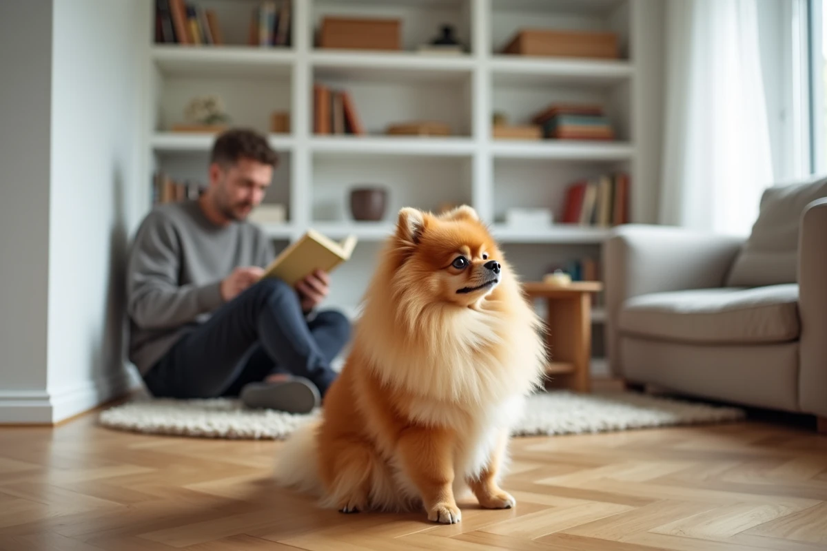 Poméranien au pelage épais orange assis sur un parquet dans un appartement de style scandinave avec son propriétaire