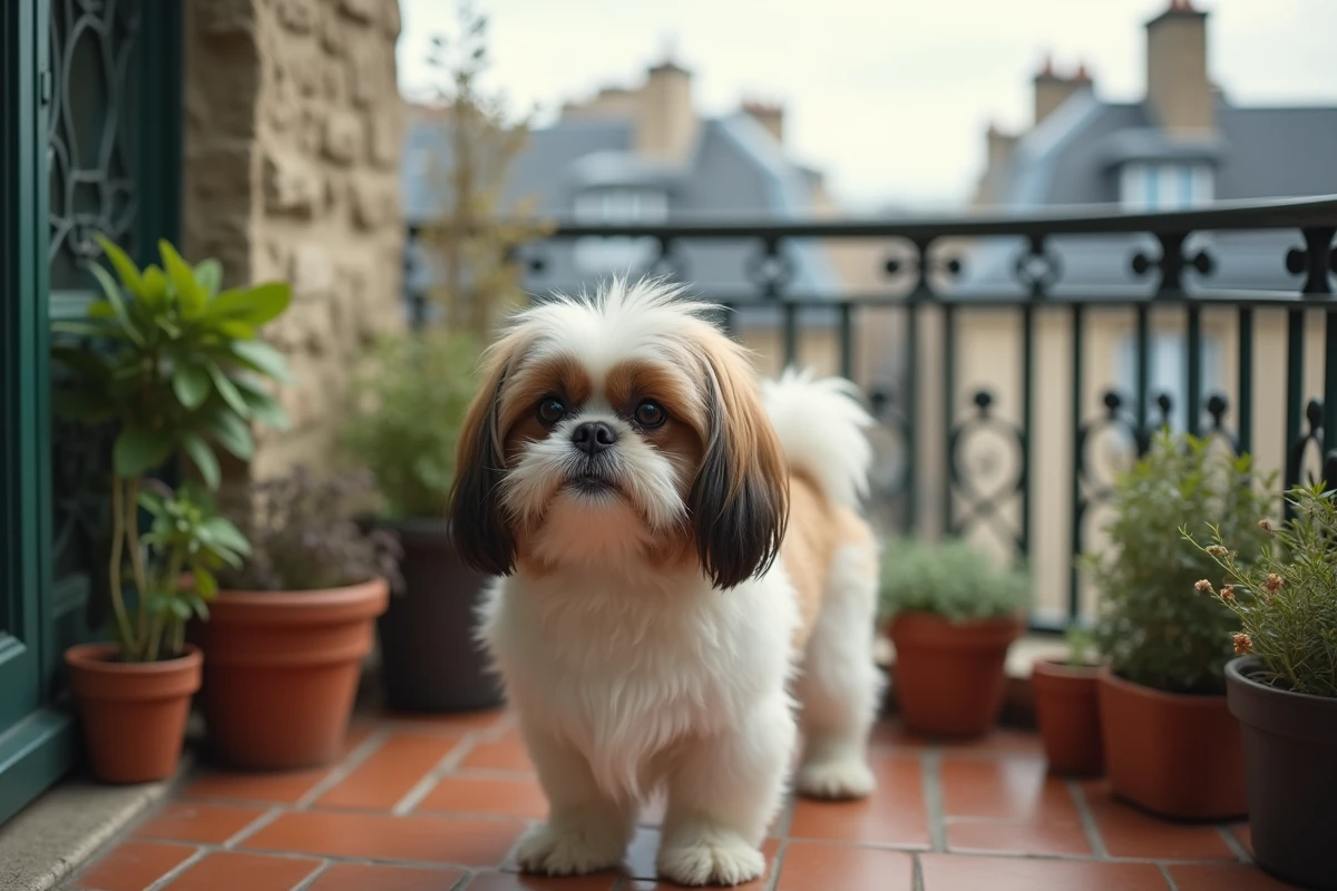 Shih Tzu au poil long et soyeux sur un balcon parisien avec vue sur les toits de la ville