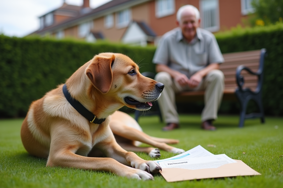 Chien âgé allongé dans un jardin avec documents d