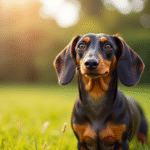 Chien teckel confiant sur pelouse ensoleillée avec son propriétaire
