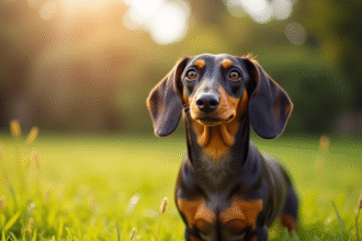 Chien teckel confiant sur pelouse ensoleillée avec son propriétaire