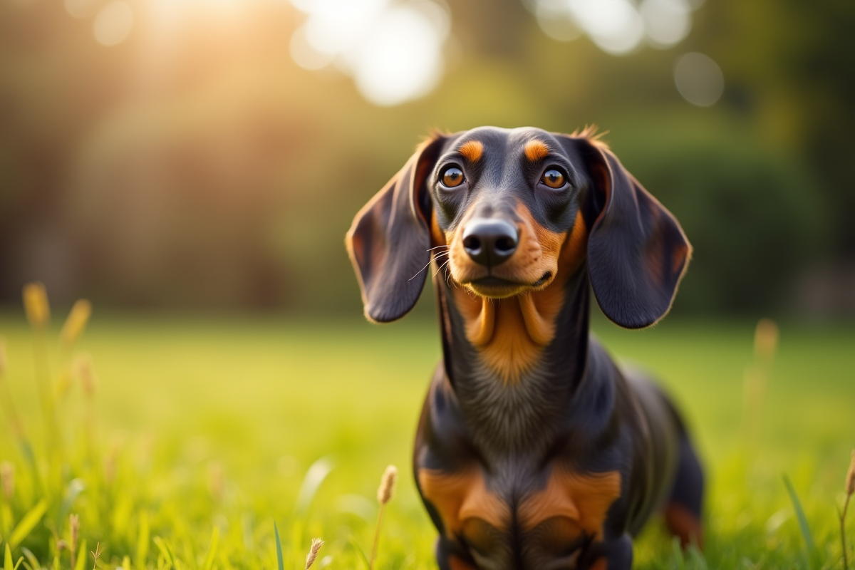 Chien teckel confiant sur pelouse ensoleillée avec son propriétaire
