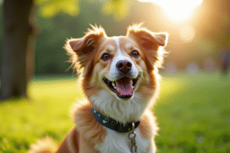 Chienne joyeuse avec collier V dans un parc ensoleille