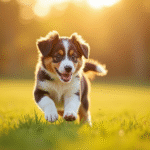 Chiot australien shepherd courant dans un champ ensoleille