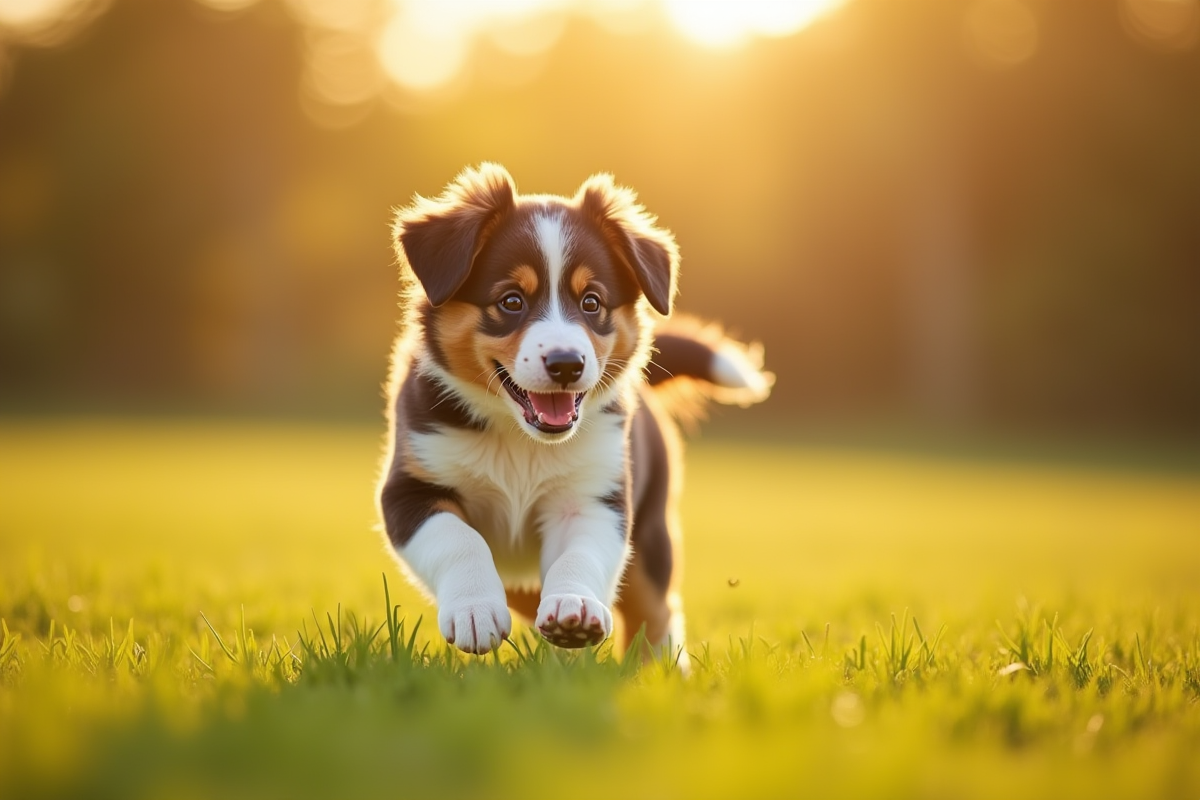 Chiot australien shepherd courant dans un champ ensoleille