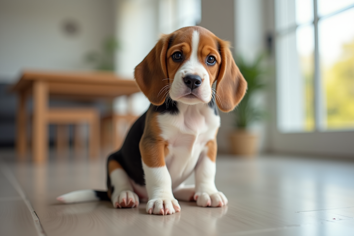 Un chiot beagle assis calmement dans une pièce lumineuse