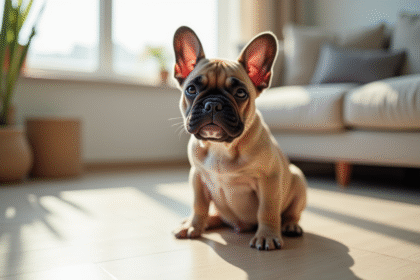 Chiot bulldog francais assis sur un sol moderne