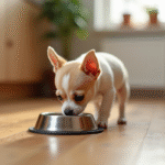 Chiot Chihuahua mangeant dans la cuisine naturelle