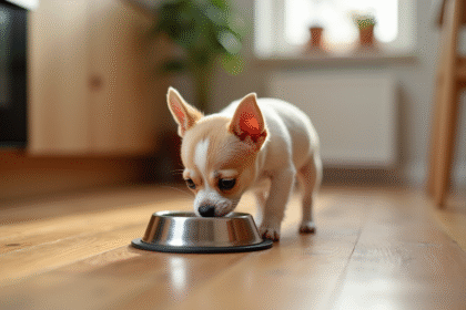 Chiot Chihuahua mangeant dans la cuisine naturelle