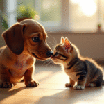 Chiot dachshund reniflant un chaton curieux dans un salon lumineux