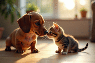 Chiot dachshund reniflant un chaton curieux dans un salon lumineux