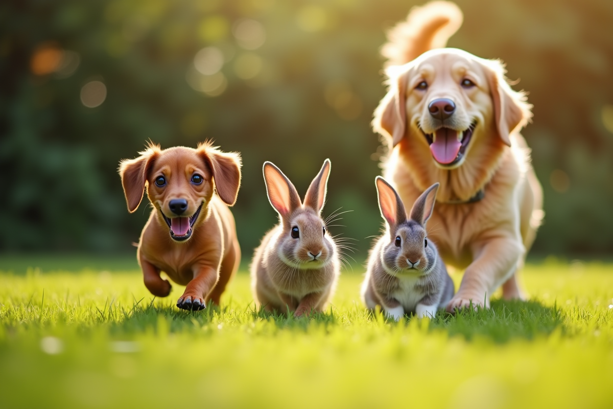 Chiot dachshund jouant avec un retriever et un lapin dans un jardin ensoleille