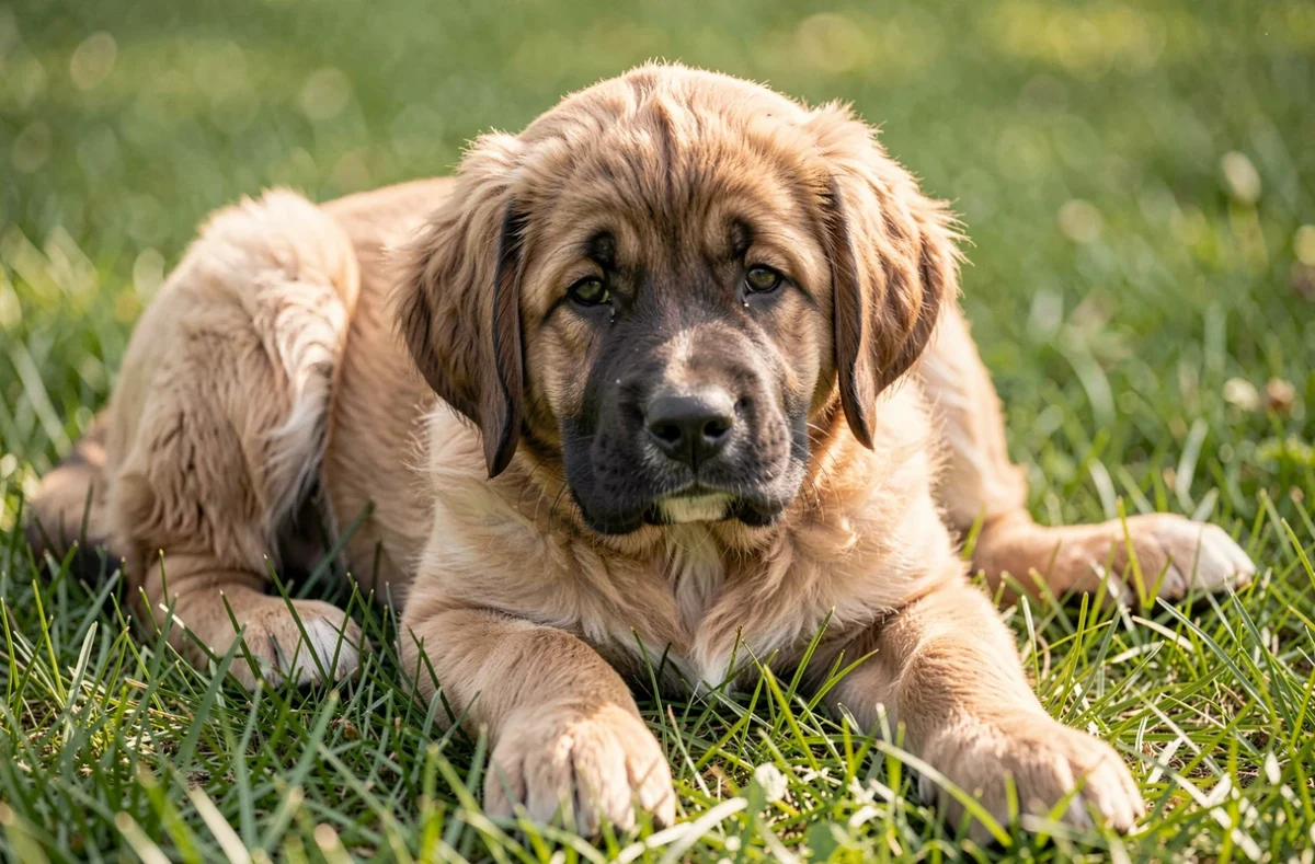 Chiot de grande taille couché sur de l'herbe