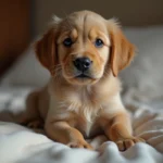 Jeune chiot golden retriever anxieux sur un lit