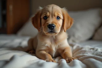 Jeune chiot golden retriever anxieux sur un lit