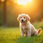 Chiot golden retriever sur pelouse en fin d'après-midi