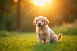 Chiot golden retriever sur pelouse en fin d'après-midi